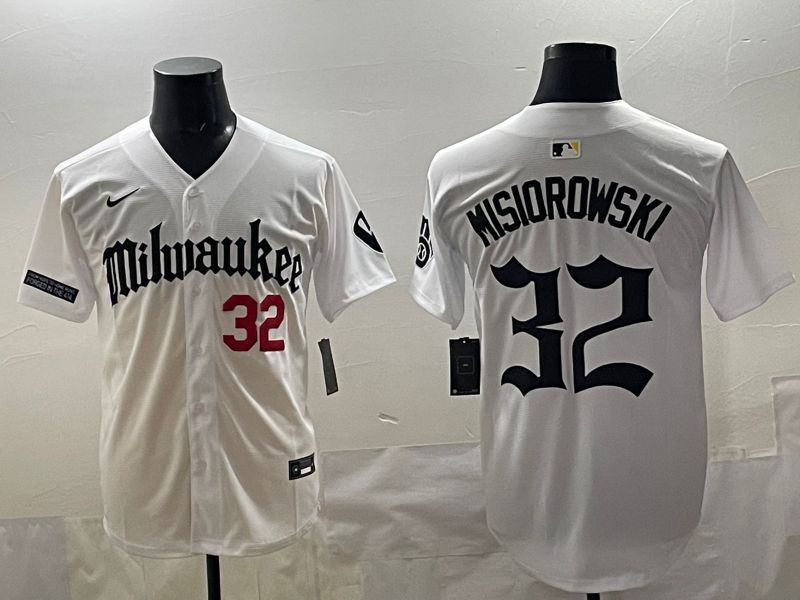 Men 2025 Milwaukee Brewers #32 Misiorowski White Five generations Joint Name Nike MLB Jersey style 04